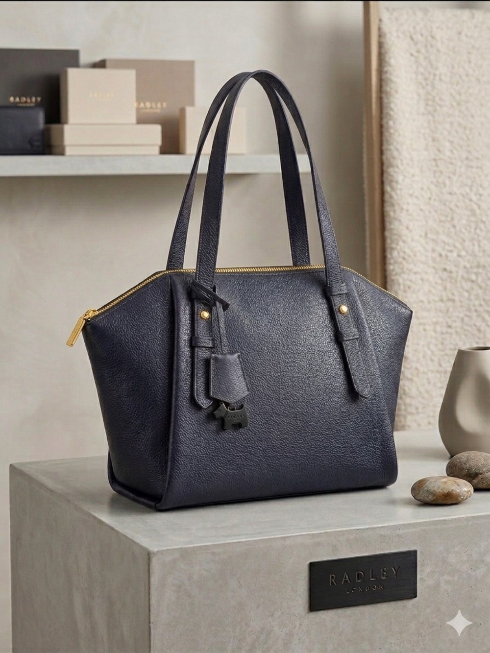 Radley UK Black Leather Top-Zip Tote Bag